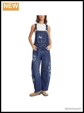 D-Sun Denim Bib Overalls Barrel Leg Adjustable Strap Jean Jumpsuit